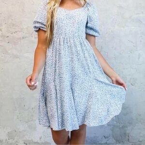 Mikarose Light Blue Floral Puff-Sleeve Babydoll Dress